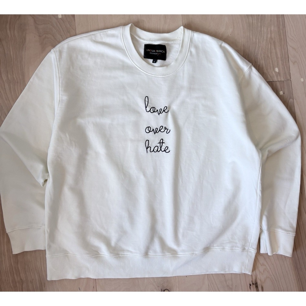 Lingua Franca Love Over Hate Crewneck Sweatshirt Size XL White Blue Embroidered